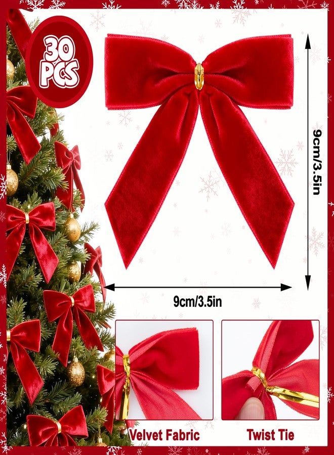 REDWORD 30PCs Red Bows for Christmas Tree, 3.5 x 3.5 Inch Red Velvet Bows Vintage Xmas Velvet Ribbon Bow Holiday Ornaments for Christmas Decoration Holiday Decor, Gift Wrapping and Wedding - Image 2